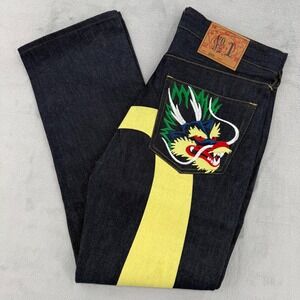 Evisu Mens Japanese Jeans Dark Indigo Raw Denim Yellow Seagull Dragon Size 32